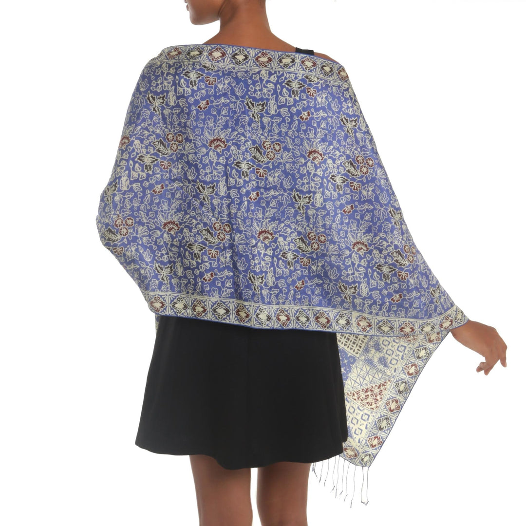 Batik Silk Shawl with Indigo Floral Motifs from Bali - Orchid Temple in Indigo