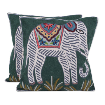 Pair of Embroidered Green and White Elephant Cushion Covers - Floral Elephants