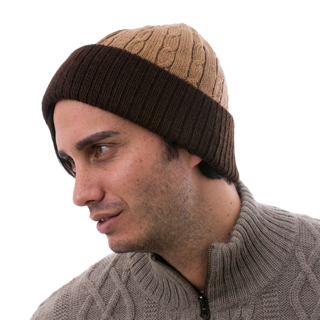 Knit 100% Alpaca Hat in Tan and Mahogany from Peru - Warm Braids in Tan