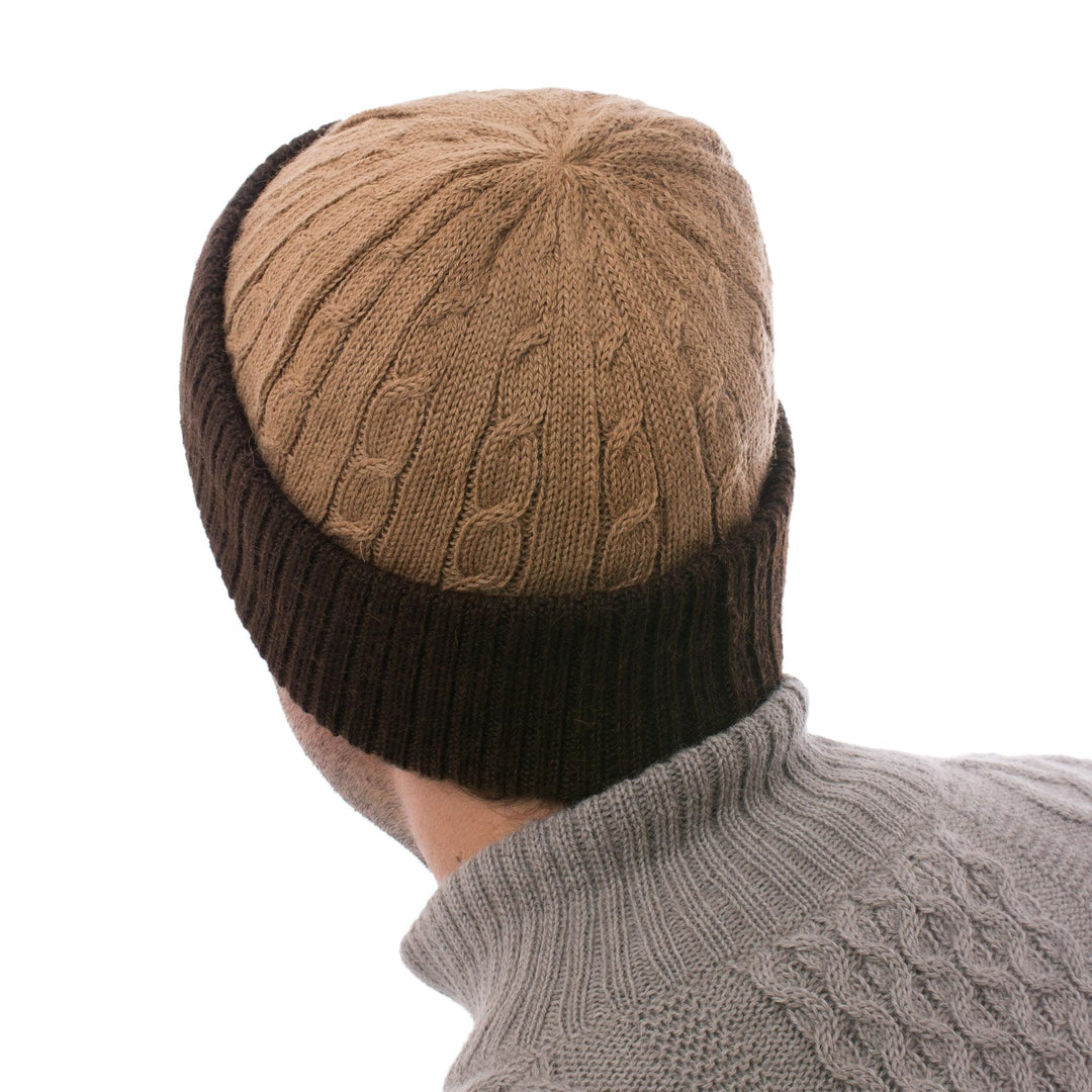 Knit 100% Alpaca Hat in Tan and Mahogany from Peru - Warm Braids in Tan