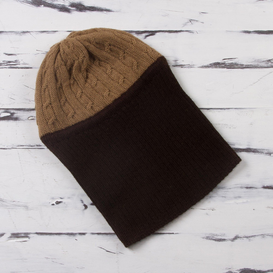 Knit 100% Alpaca Hat in Tan and Mahogany from Peru - Warm Braids in Tan