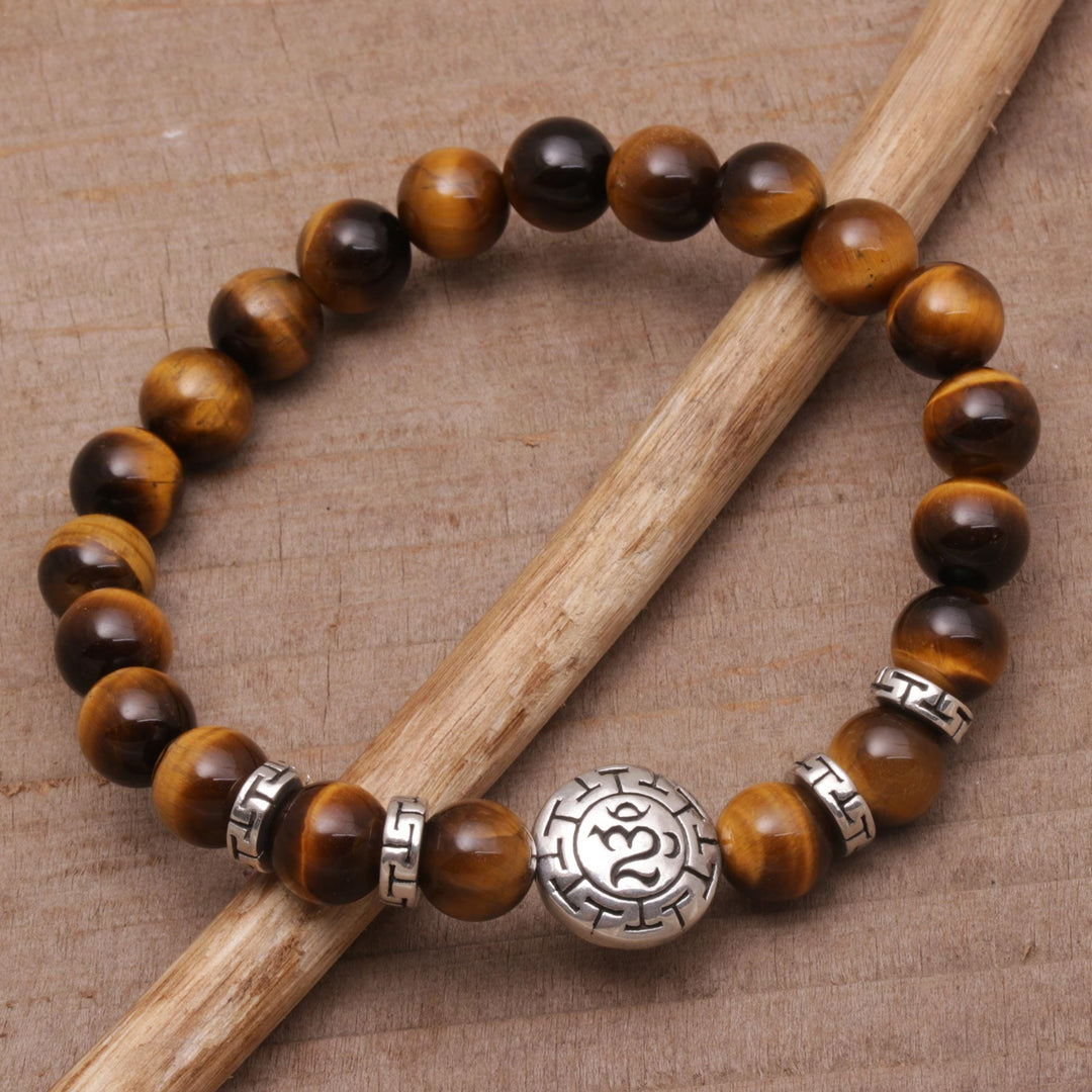 Tiger's Eye Beaded Om Stretch Bracelet from Bali - Temesir Om