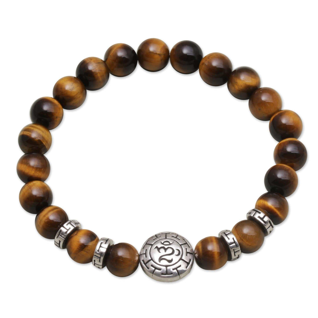 Tiger's Eye Beaded Om Stretch Bracelet from Bali - Temesir Om