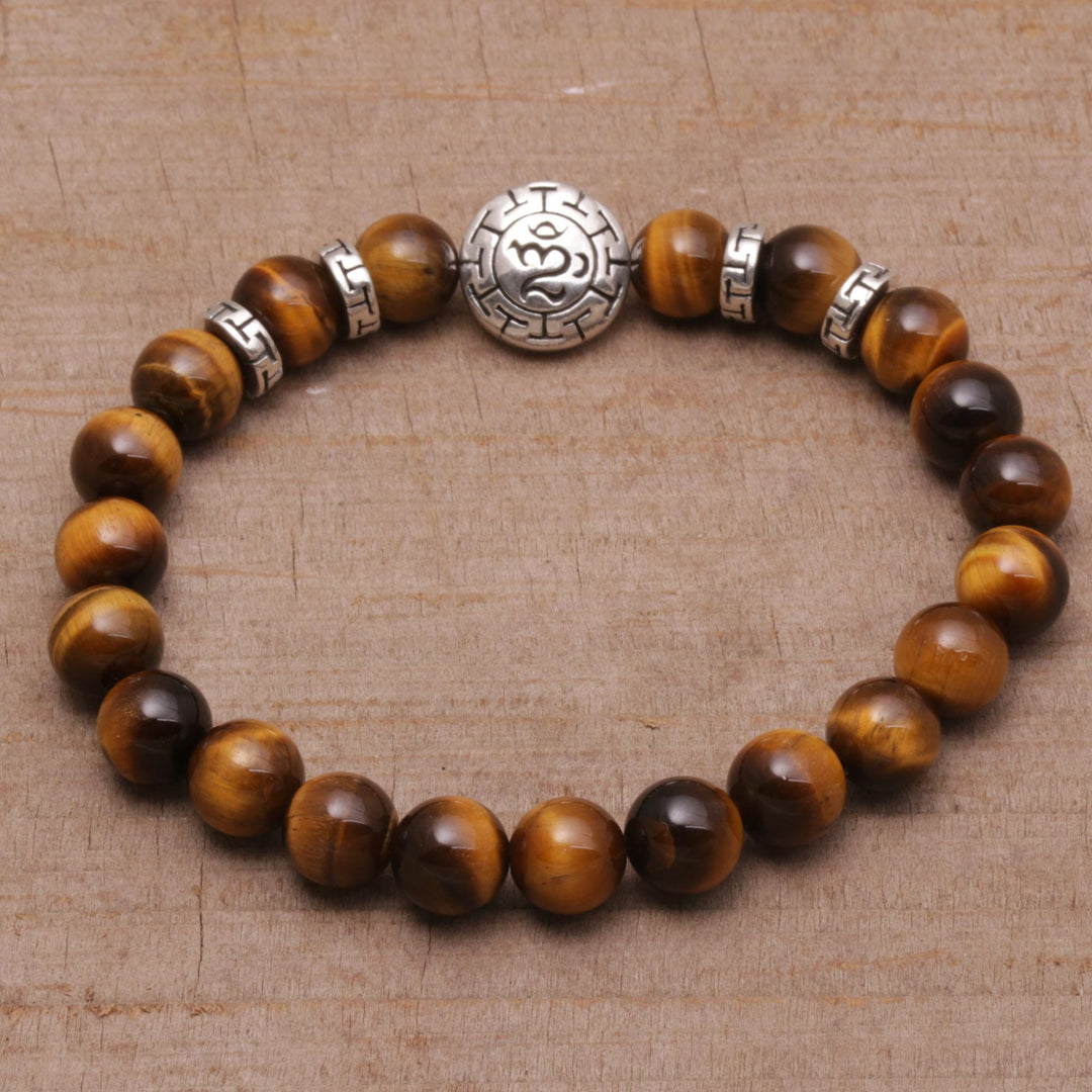 Tiger's Eye Beaded Om Stretch Bracelet from Bali - Temesir Om