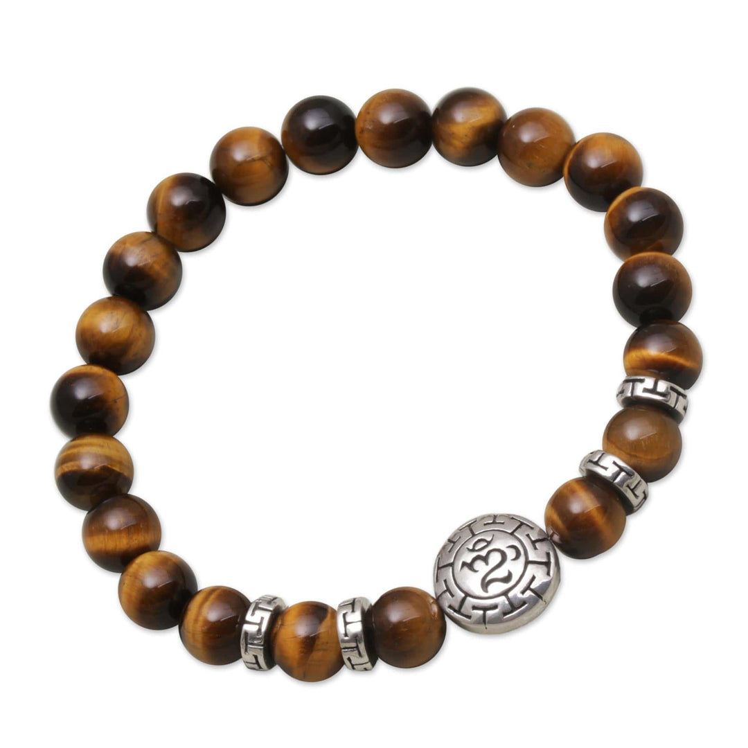 Tiger's Eye Beaded Om Stretch Bracelet from Bali - Temesir Om