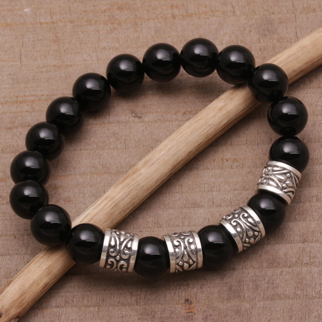 Onyx and 925 Silver Beaded Stretch Bracelet from Bali - Shrine Shadow