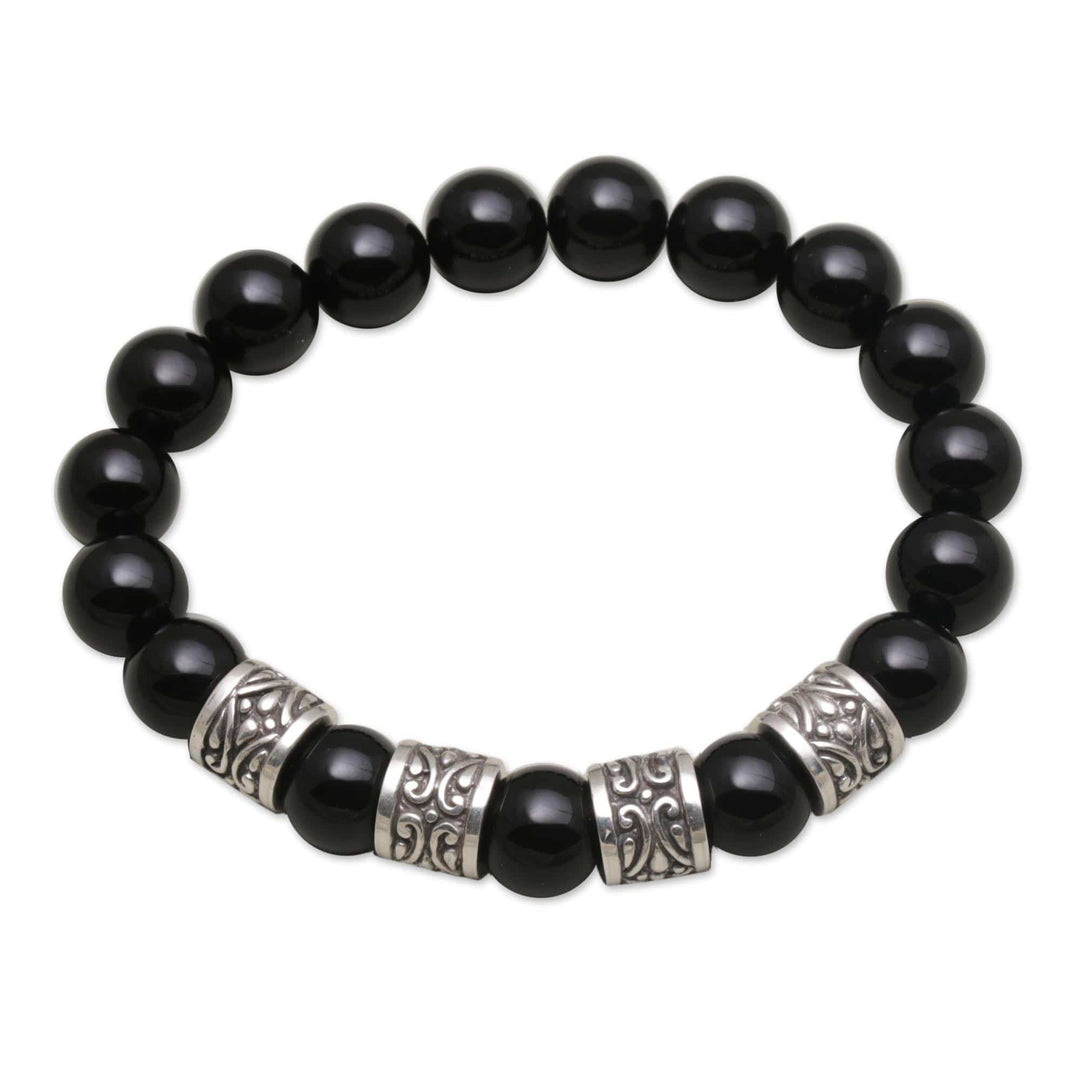 Onyx and 925 Silver Beaded Stretch Bracelet from Bali - Shrine Shadow