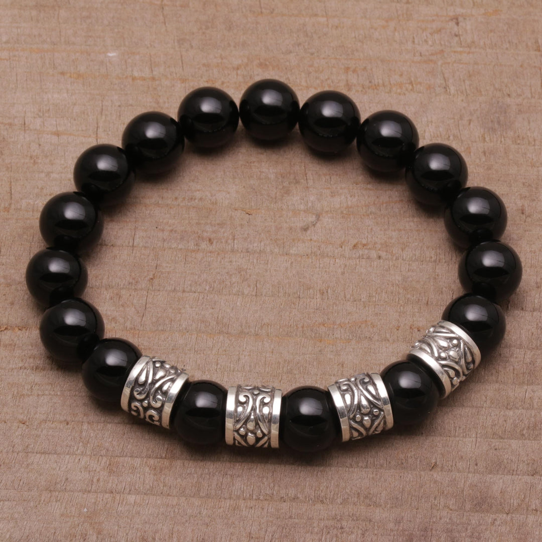 Onyx and 925 Silver Beaded Stretch Bracelet from Bali - Shrine Shadow