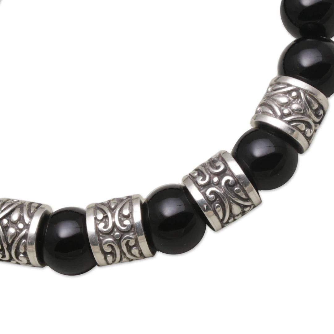 Onyx and 925 Silver Beaded Stretch Bracelet from Bali - Shrine Shadow