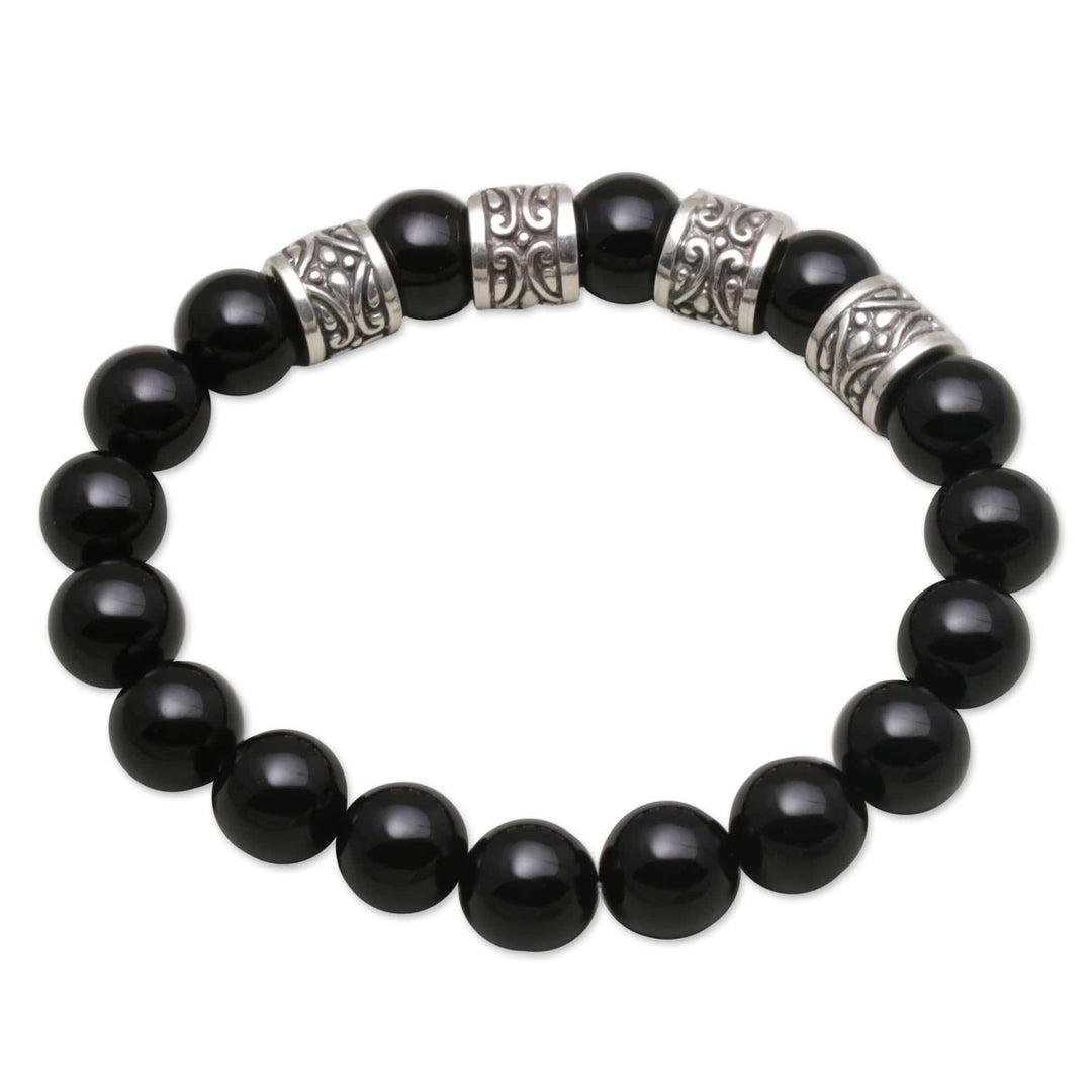 Onyx and 925 Silver Beaded Stretch Bracelet from Bali - Shrine Shadow