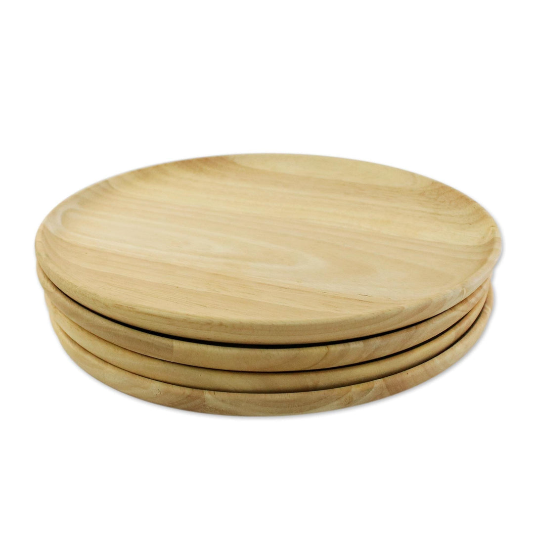 Four Handcrafted Round Rubberwood Plates from Thailand - Circle Delight