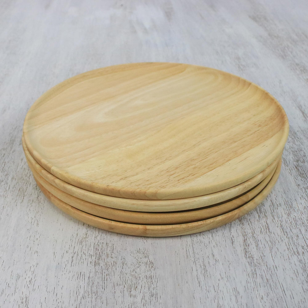 Four Handcrafted Round Rubberwood Plates from Thailand - Circle Delight