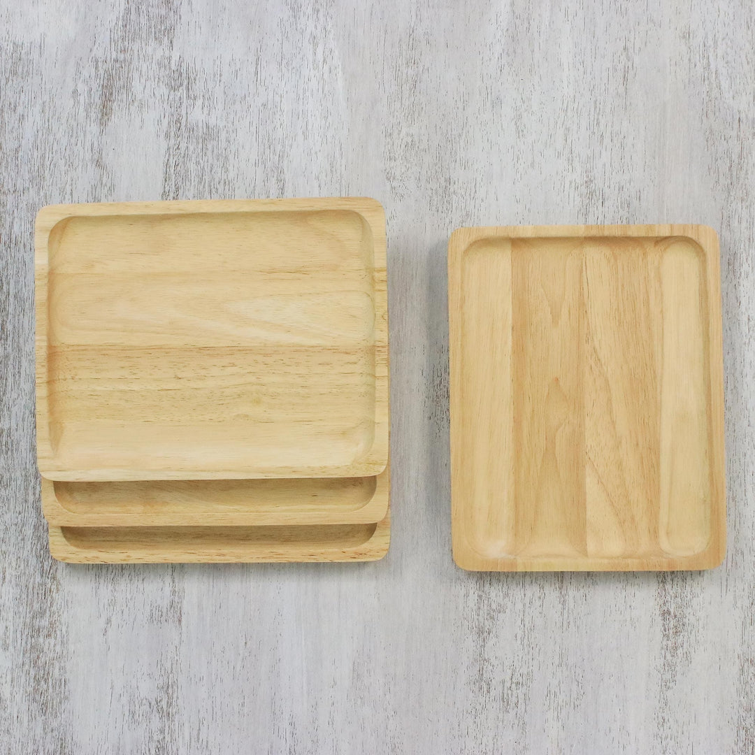 Four Handmade Rubberwood Plates from Thailand - Family Party