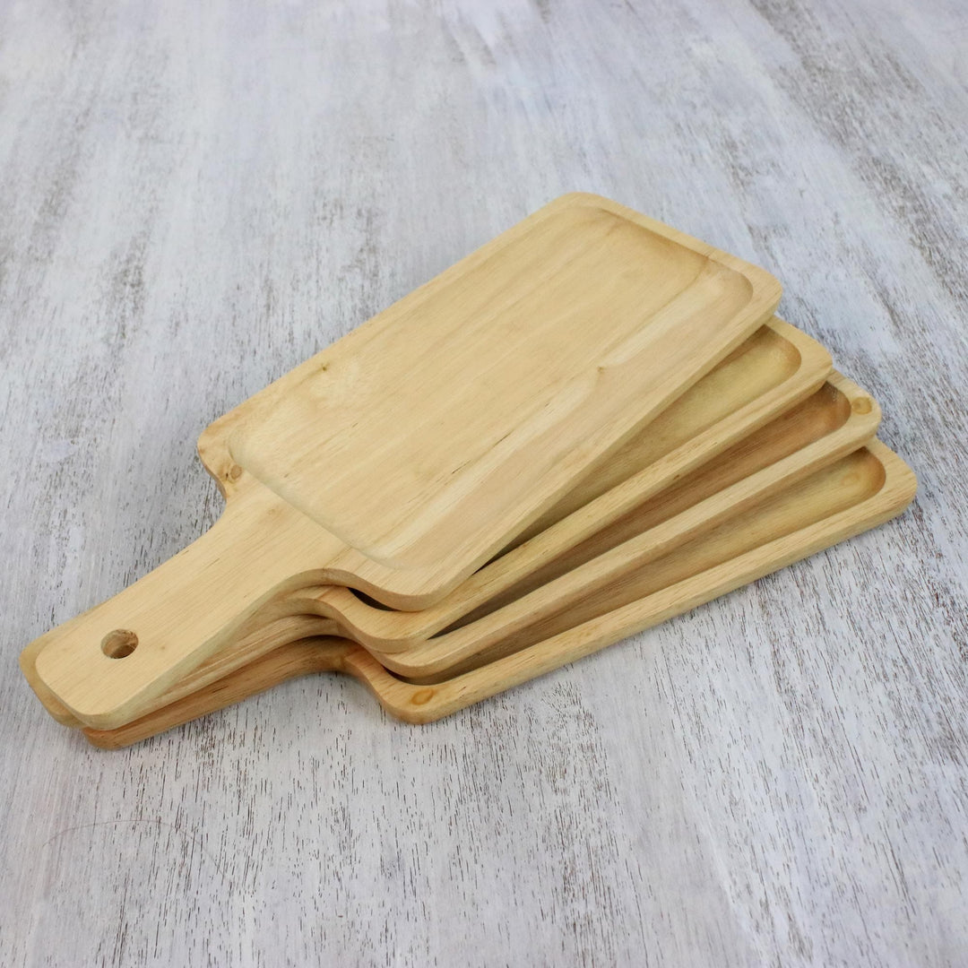 Four Handcrafted Rubberwood Serving Plates from Thailand - Fun Meal