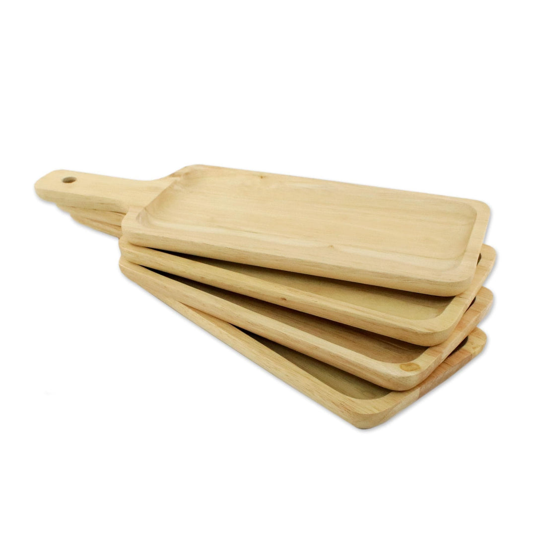 Four Handcrafted Rubberwood Serving Plates from Thailand - Fun Meal