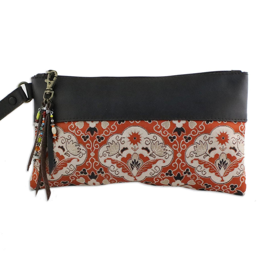 Leather Accent Silk Floral Wristlet in Pumpkin from Thailand - Chiang Mai Bouquet