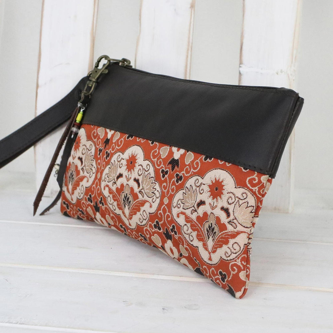 Leather Accent Silk Floral Wristlet in Pumpkin from Thailand - Chiang Mai Bouquet
