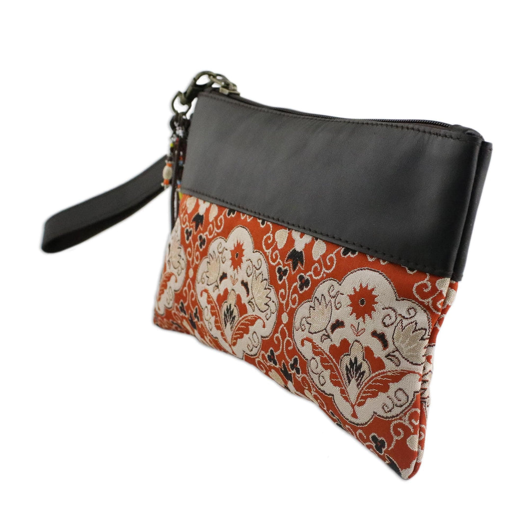 Leather Accent Silk Floral Wristlet in Pumpkin from Thailand - Chiang Mai Bouquet