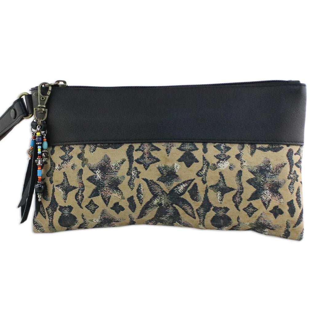 Leather Accent Silk Wristlet in Beige from Thailand - Casually Exotic