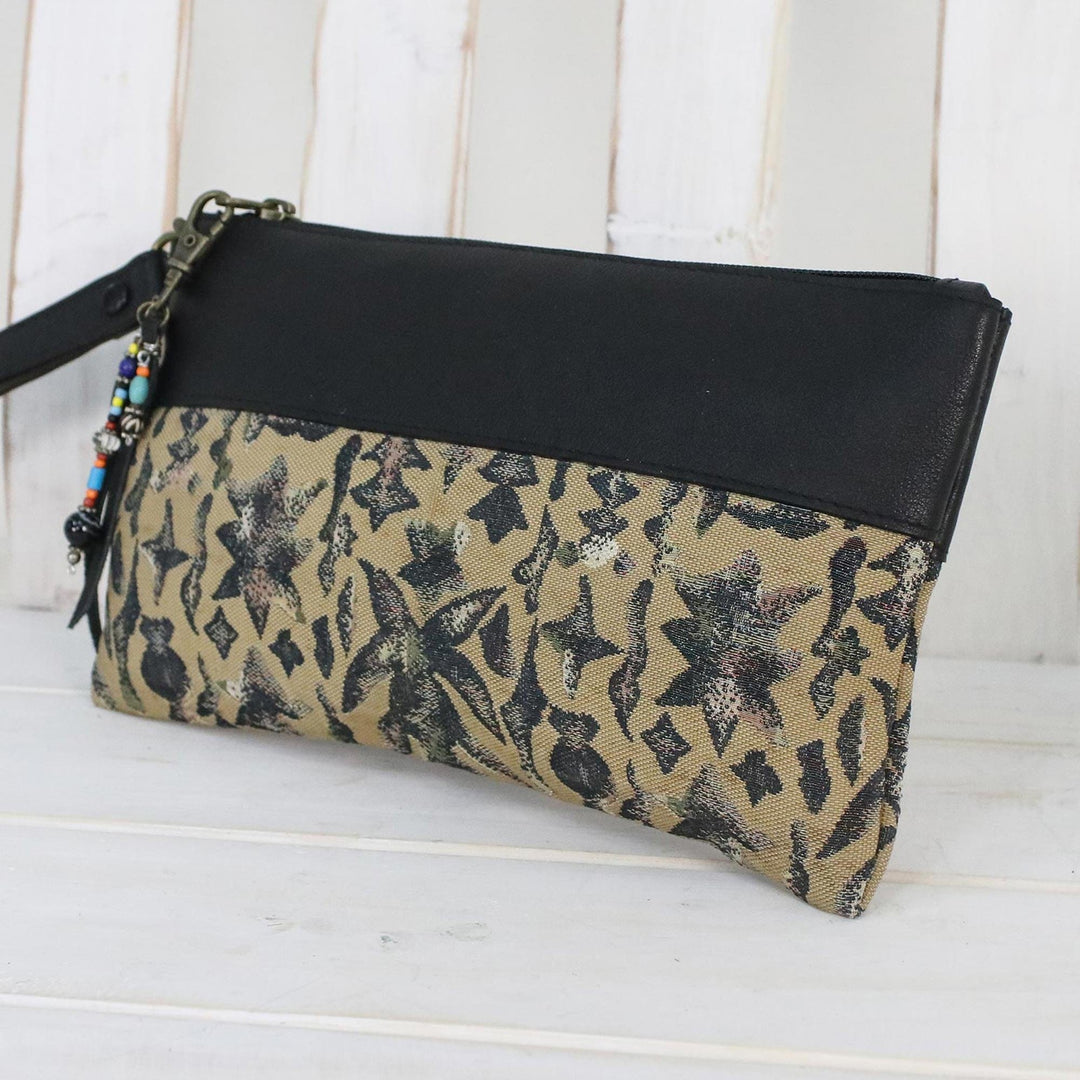 Leather Accent Silk Wristlet in Beige from Thailand - Casually Exotic