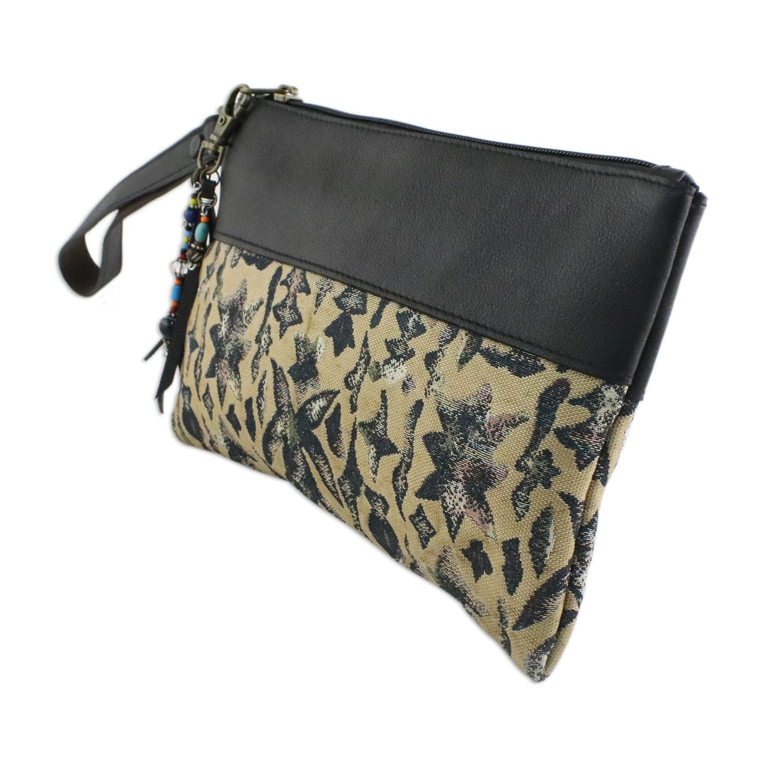 Leather Accent Silk Wristlet in Beige from Thailand - Casually Exotic