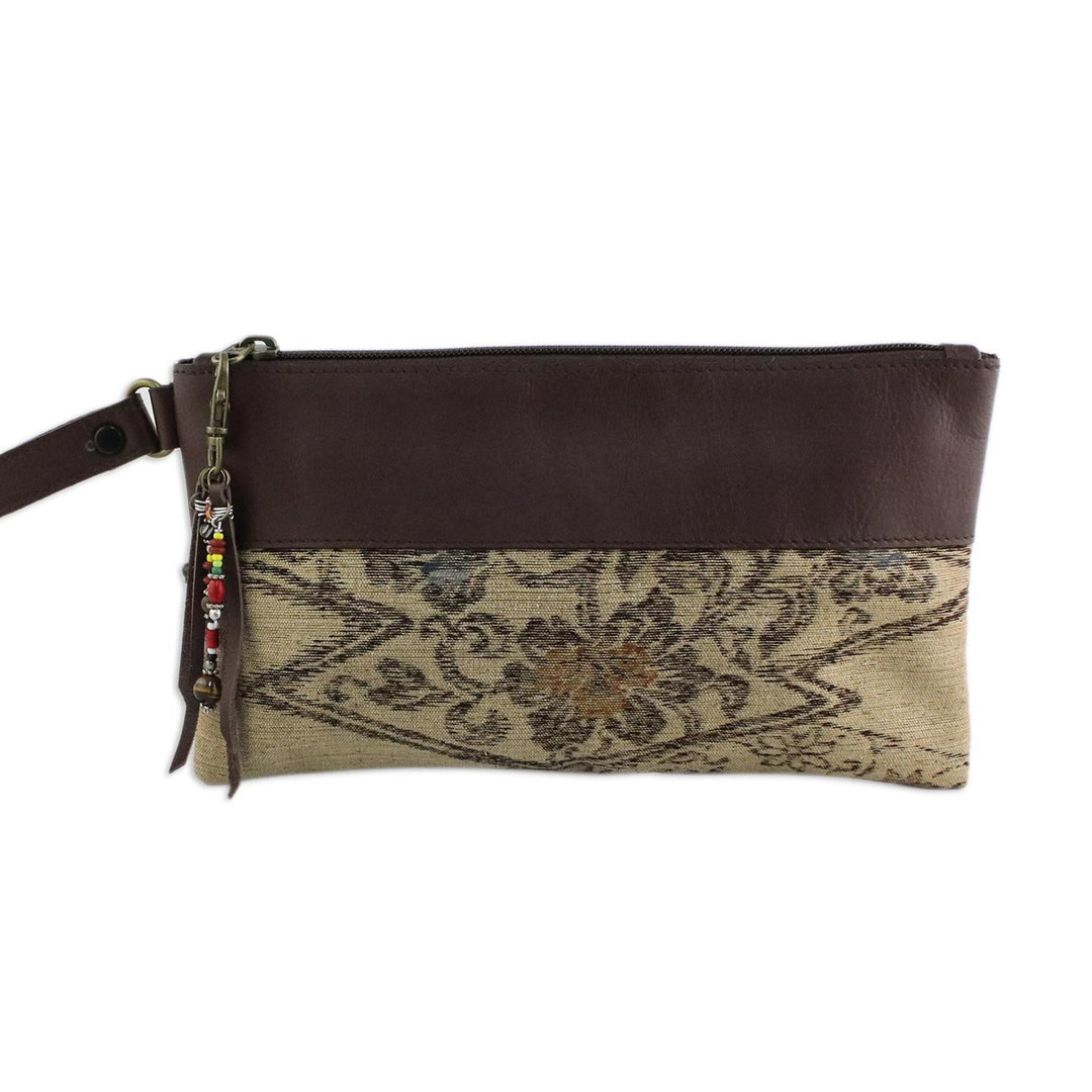 Leather Accent Silk Floral Wristlet in Beige from Thailand - Flower of Chiang Mai