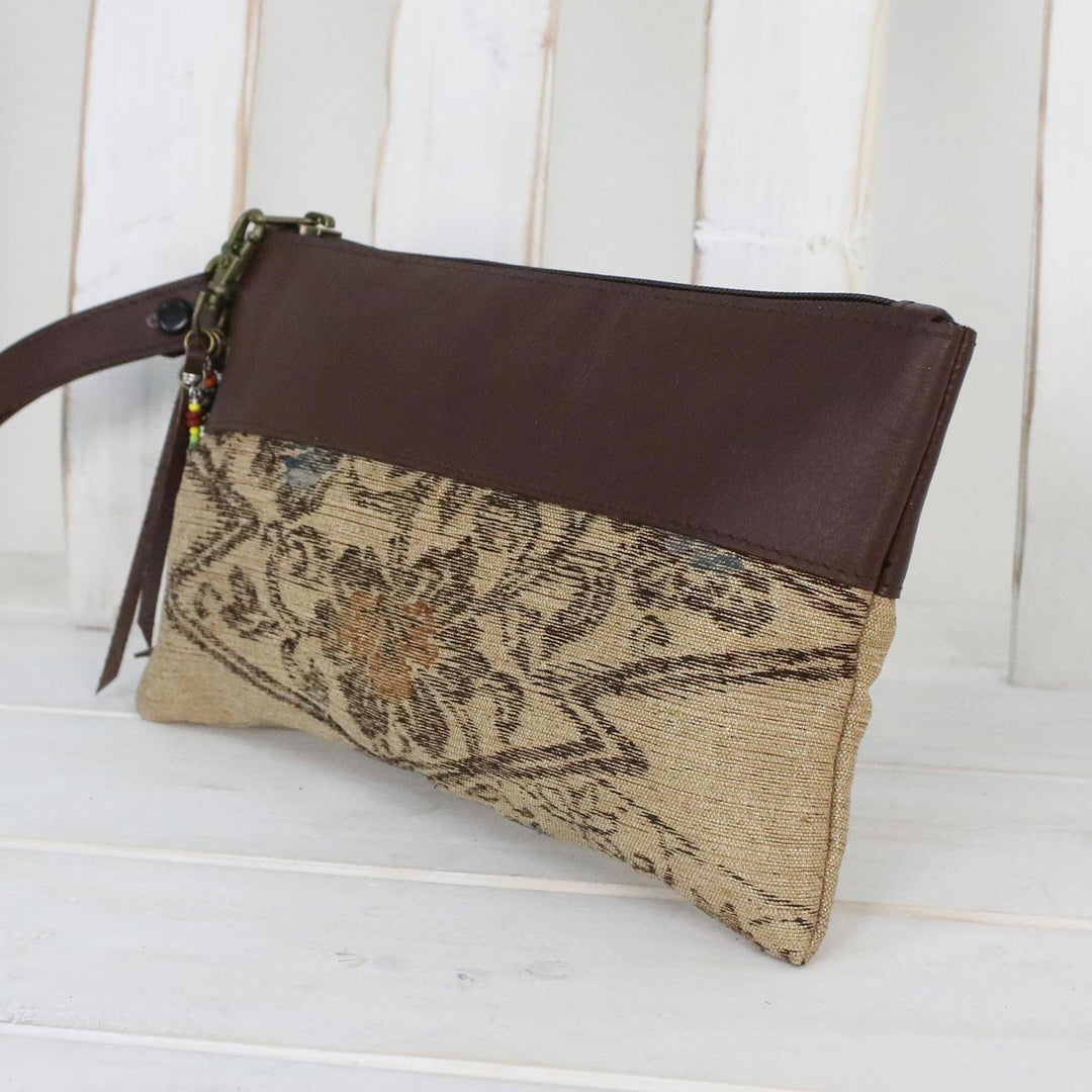 Leather Accent Silk Floral Wristlet in Beige from Thailand - Flower of Chiang Mai