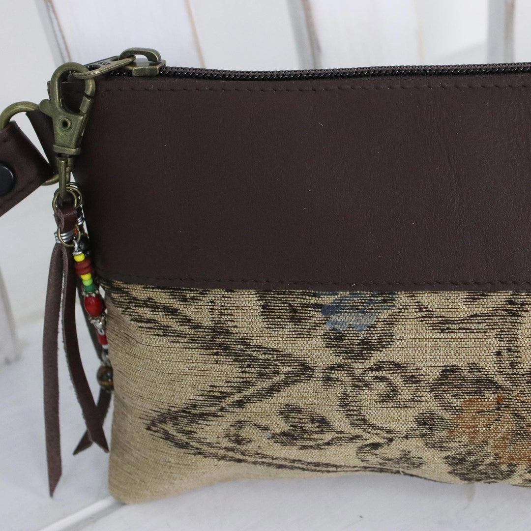 Leather Accent Silk Floral Wristlet in Beige from Thailand - Flower of Chiang Mai