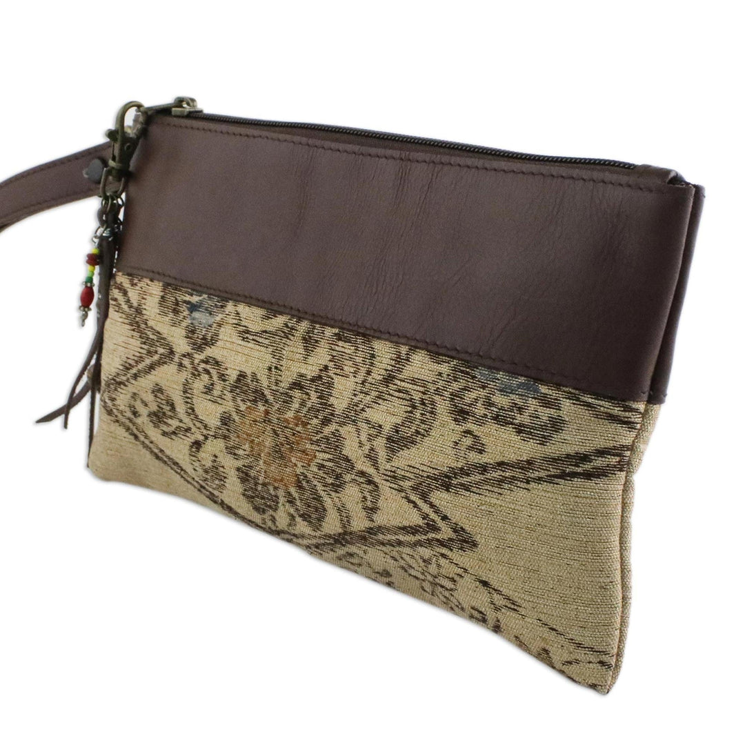 Leather Accent Silk Floral Wristlet in Beige from Thailand - Flower of Chiang Mai