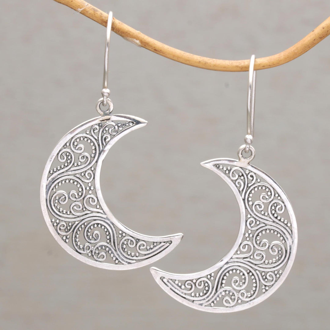Sterling Silver Crescent-Shaped Dangle Earrings from Bali - Crescent Vines