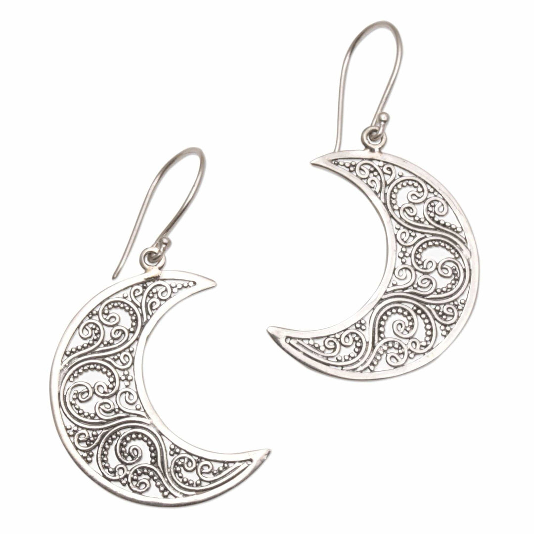 Sterling Silver Crescent-Shaped Dangle Earrings from Bali - Crescent Vines