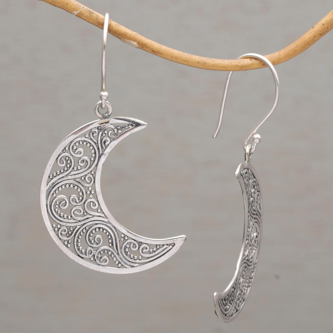 Sterling Silver Crescent-Shaped Dangle Earrings from Bali - Crescent Vines
