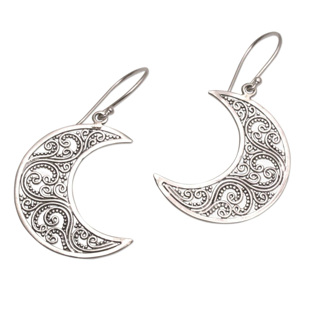 Sterling Silver Crescent-Shaped Dangle Earrings from Bali - Crescent Vines