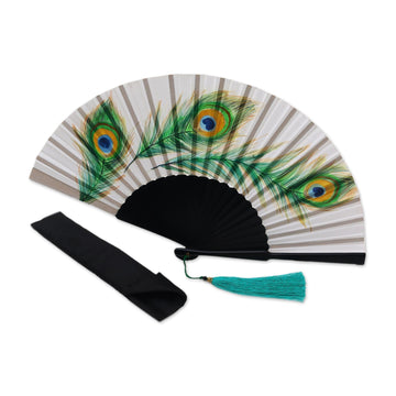 Handmade Mahogany Fan with Peacock Feathers from Bali - Peacock Feather Path