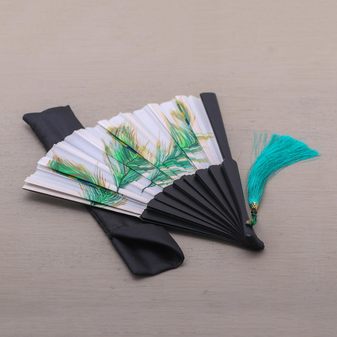 Handmade Mahogany Fan with Peacock Feathers from Bali - Peacock Feather Path