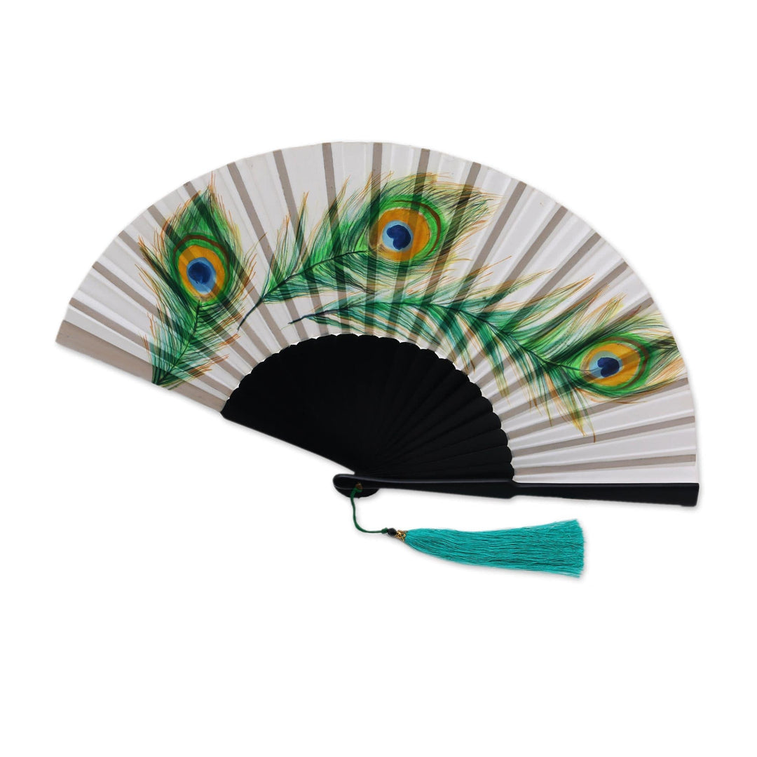 Handmade Mahogany Fan with Peacock Feathers from Bali - Peacock Feather Path