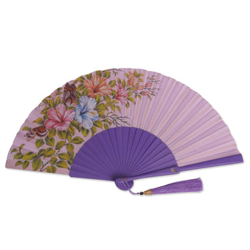 Hand-Painted Floral Silk and Mahogany Wood Fan from Bali - Garden Bloom