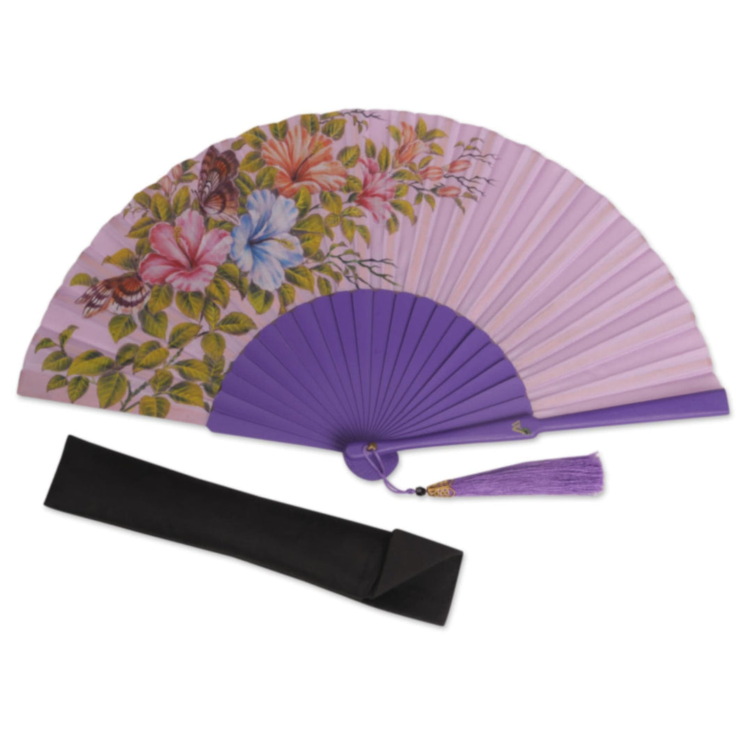 Hand-Painted Floral Silk and Mahogany Wood Fan from Bali - Garden Bloom
