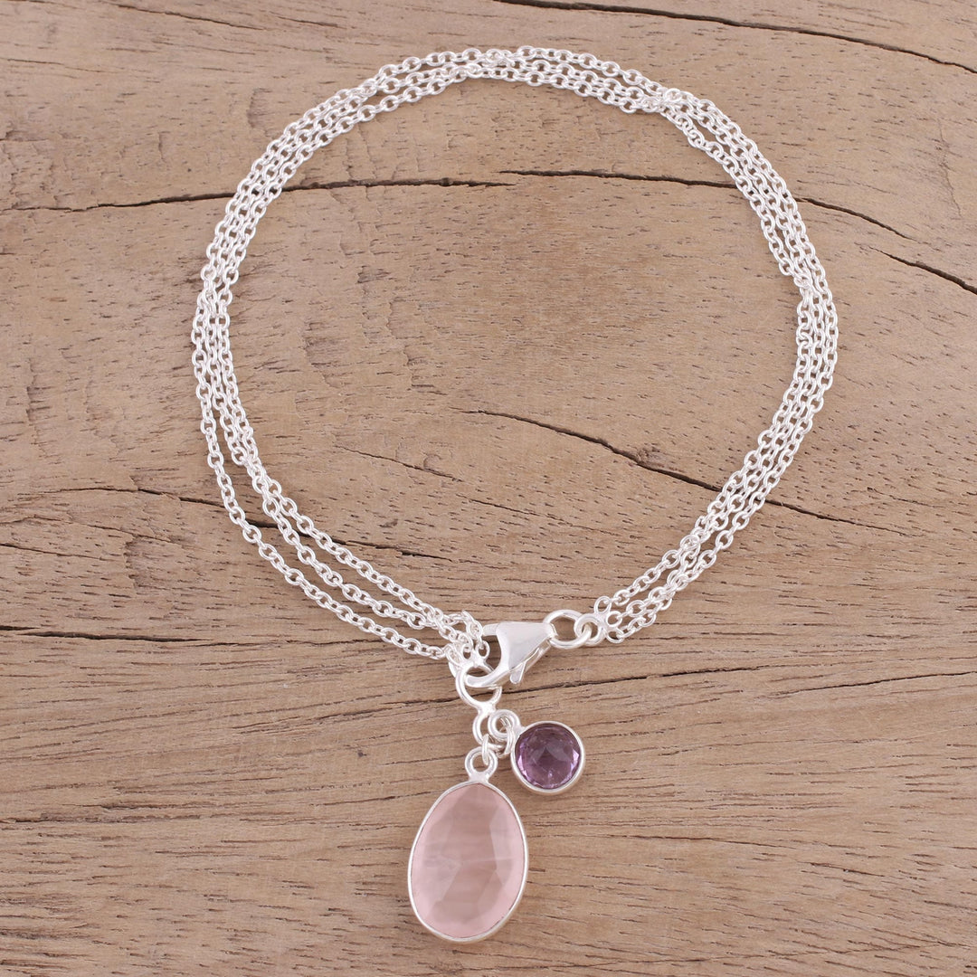 Rose Quartz and Amethyst Charm Bracelet from India - Twinkling Harmony
