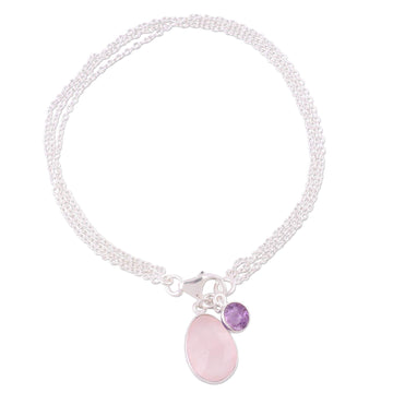 Rose Quartz and Amethyst Charm Bracelet from India - Twinkling Harmony