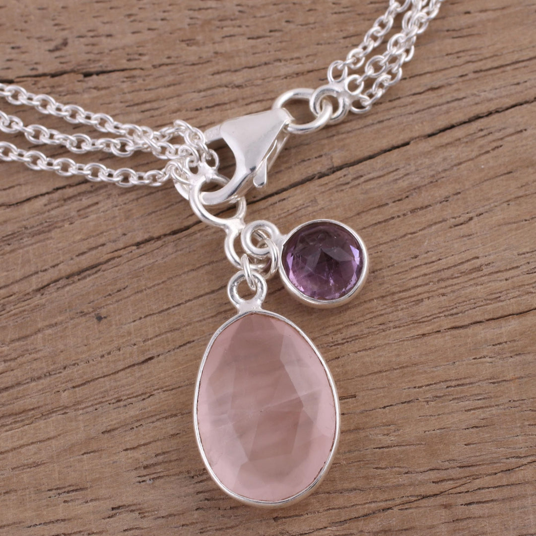 Rose Quartz and Amethyst Charm Bracelet from India - Twinkling Harmony