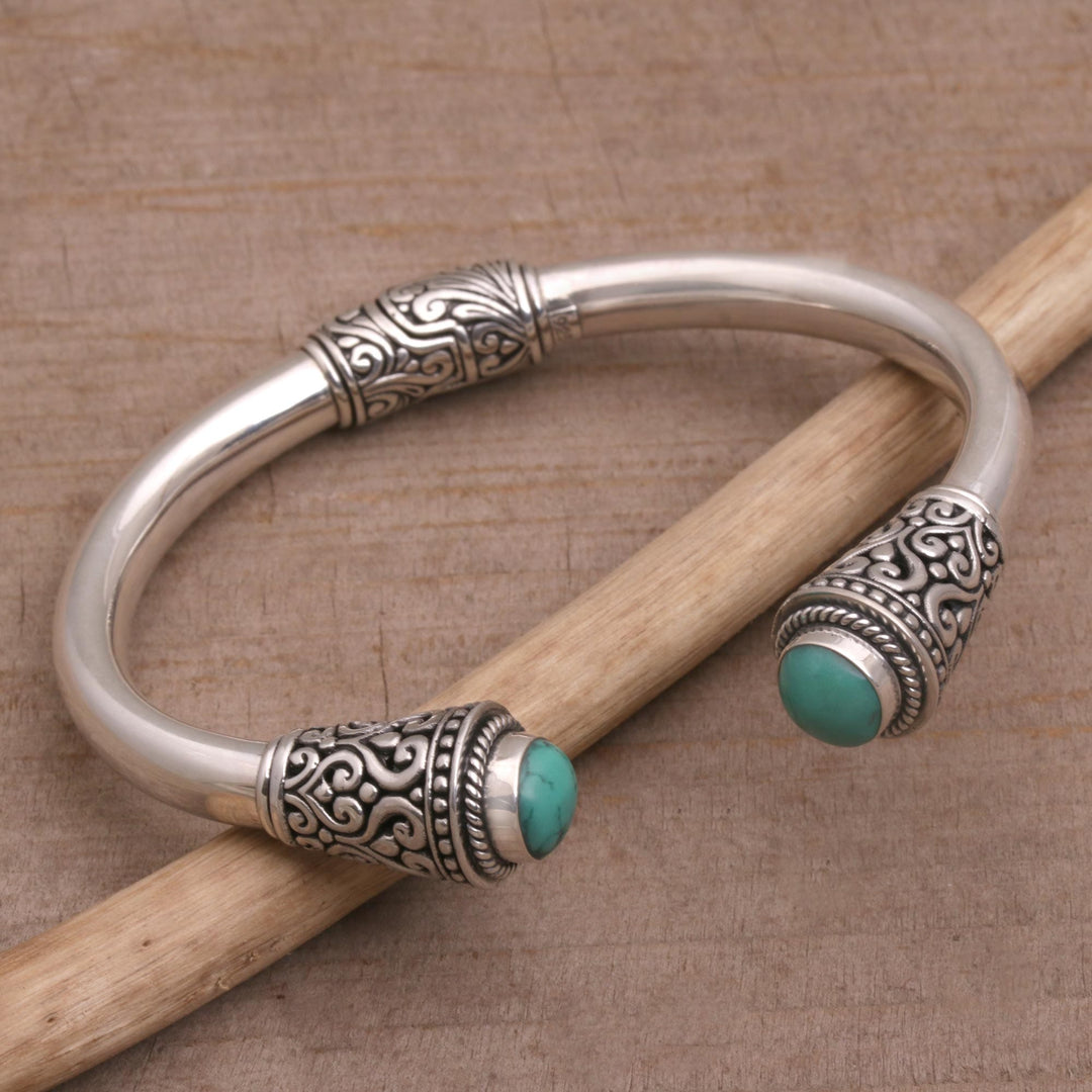 Turquoise and Sterling Silver Cuff Bracelet from Bali - Petal Temple