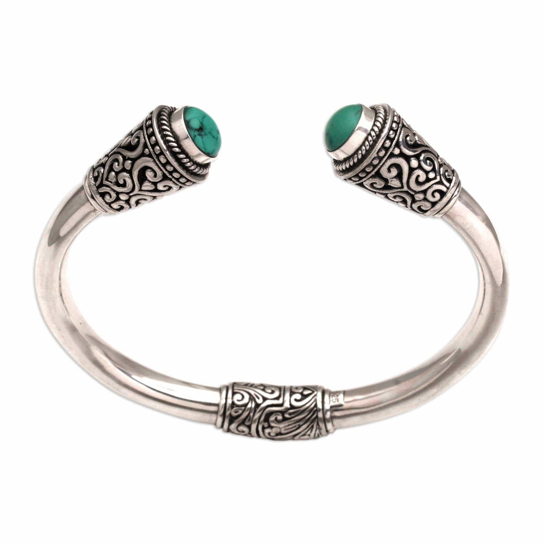 Turquoise and Sterling Silver Cuff Bracelet from Bali - Petal Temple