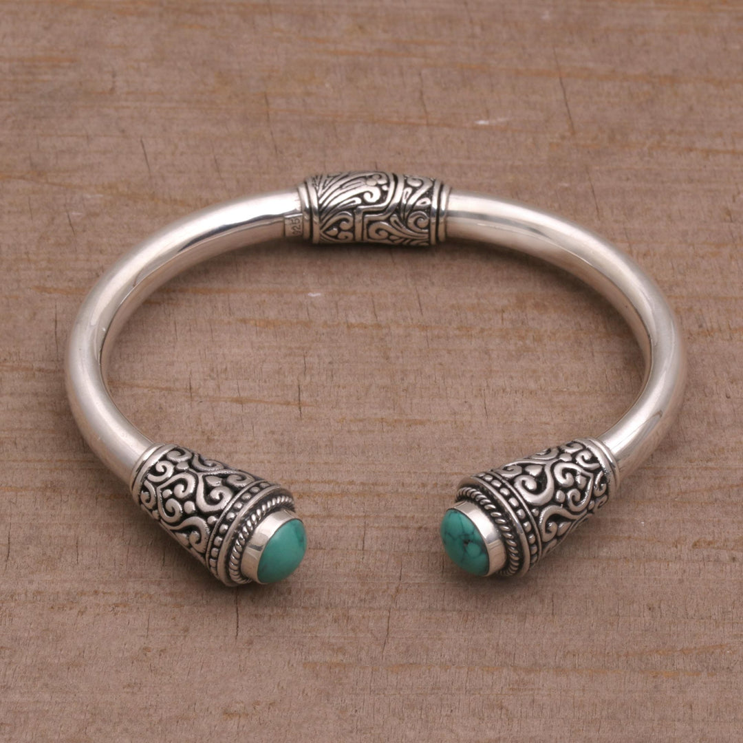 Turquoise and Sterling Silver Cuff Bracelet from Bali - Petal Temple