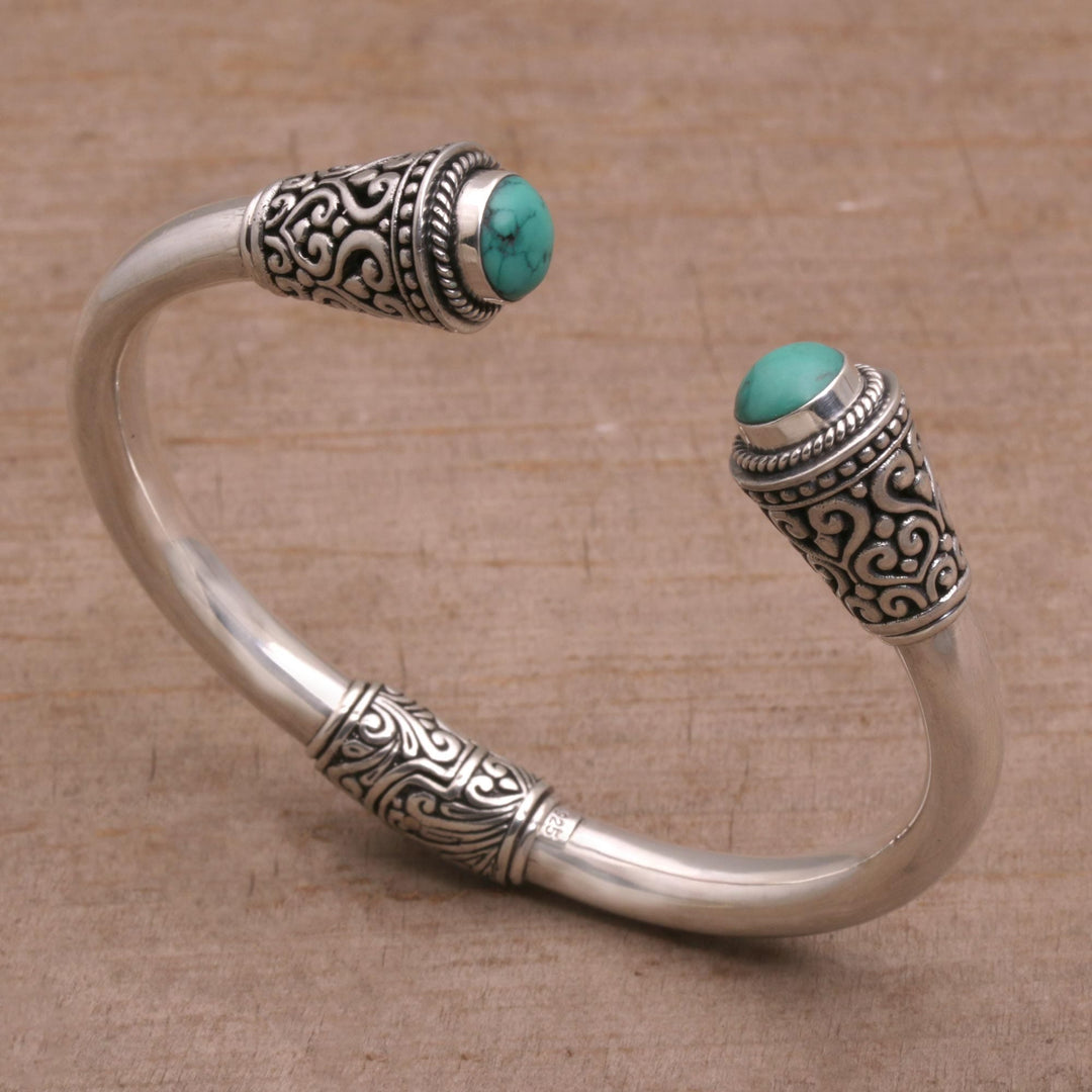Turquoise and Sterling Silver Cuff Bracelet from Bali - Petal Temple
