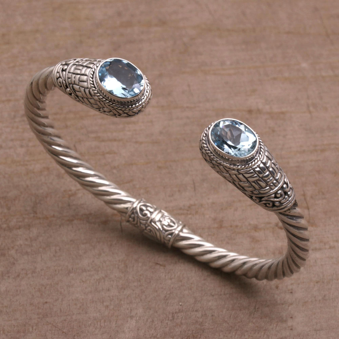 Blue Topaz Woven Motif Cuff Bracelet from Bali - Temple Baskets