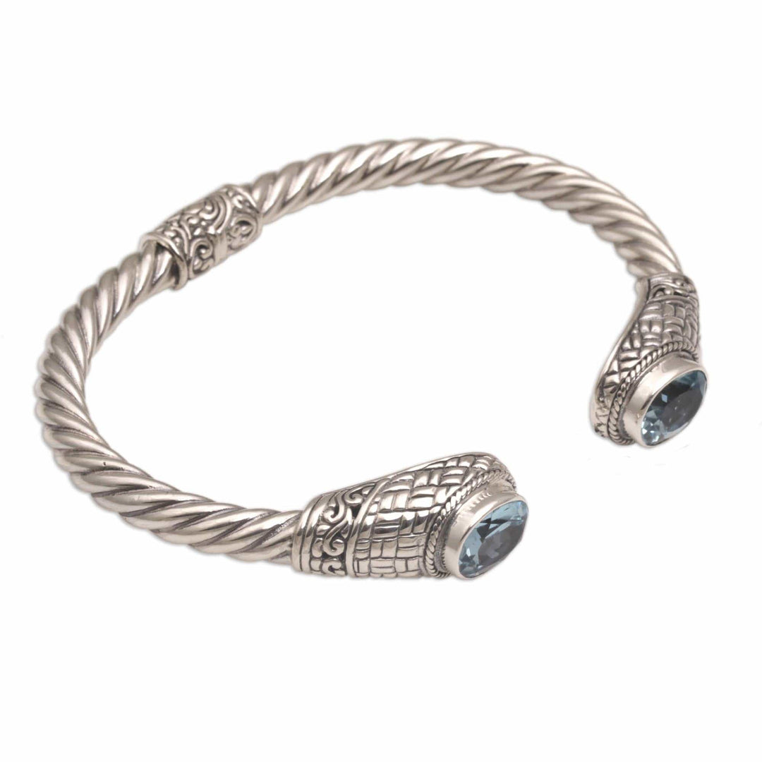Blue Topaz Woven Motif Cuff Bracelet from Bali - Temple Baskets