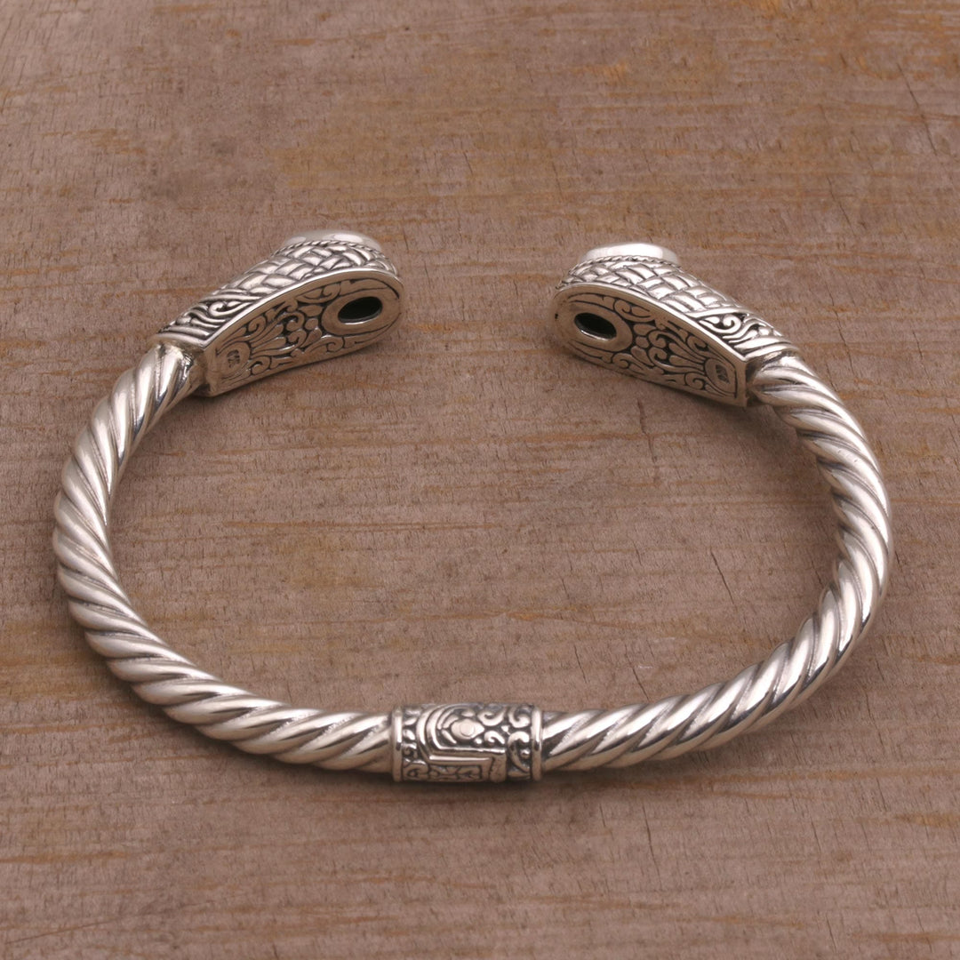 Blue Topaz Woven Motif Cuff Bracelet from Bali - Temple Baskets