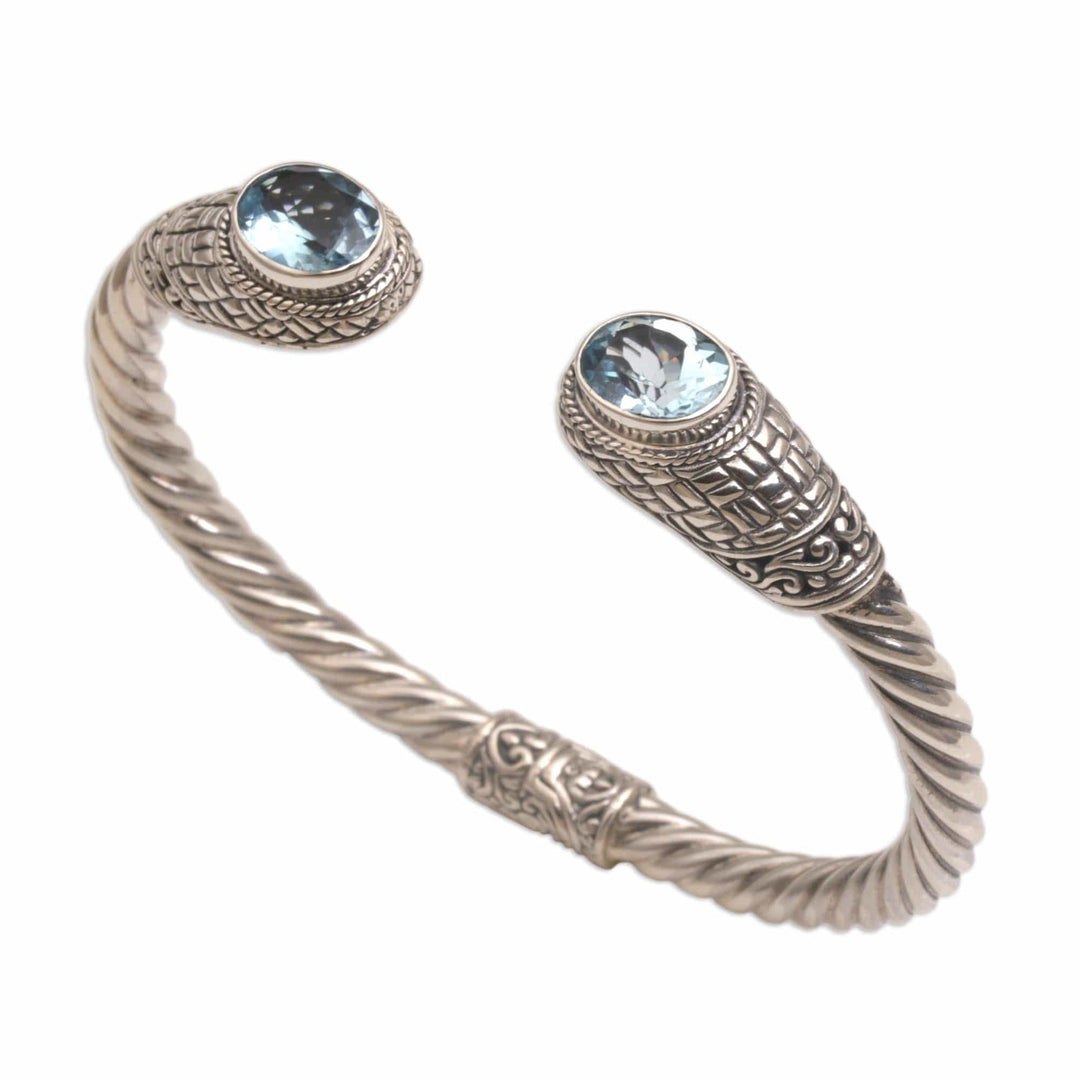 Blue Topaz Woven Motif Cuff Bracelet from Bali - Temple Baskets