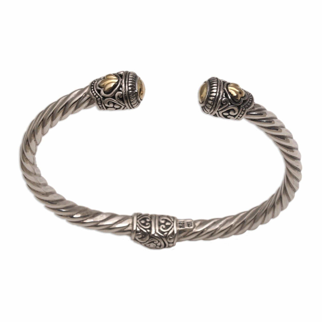 Gold Accent Rope Design Sterling Silver Bracelet from Bali - Shrine Leaves